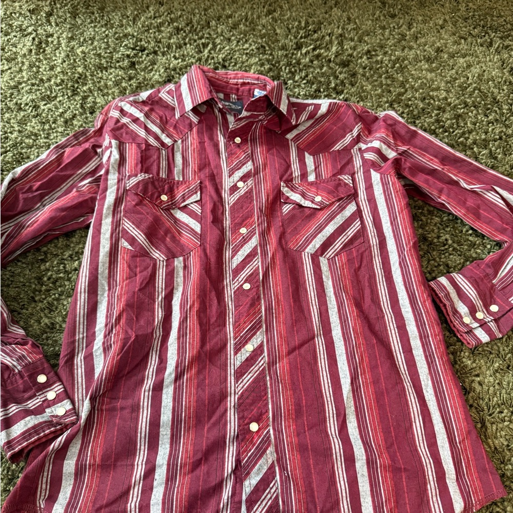 Wrangler Women's Red and White Striped Button-Down Shirt